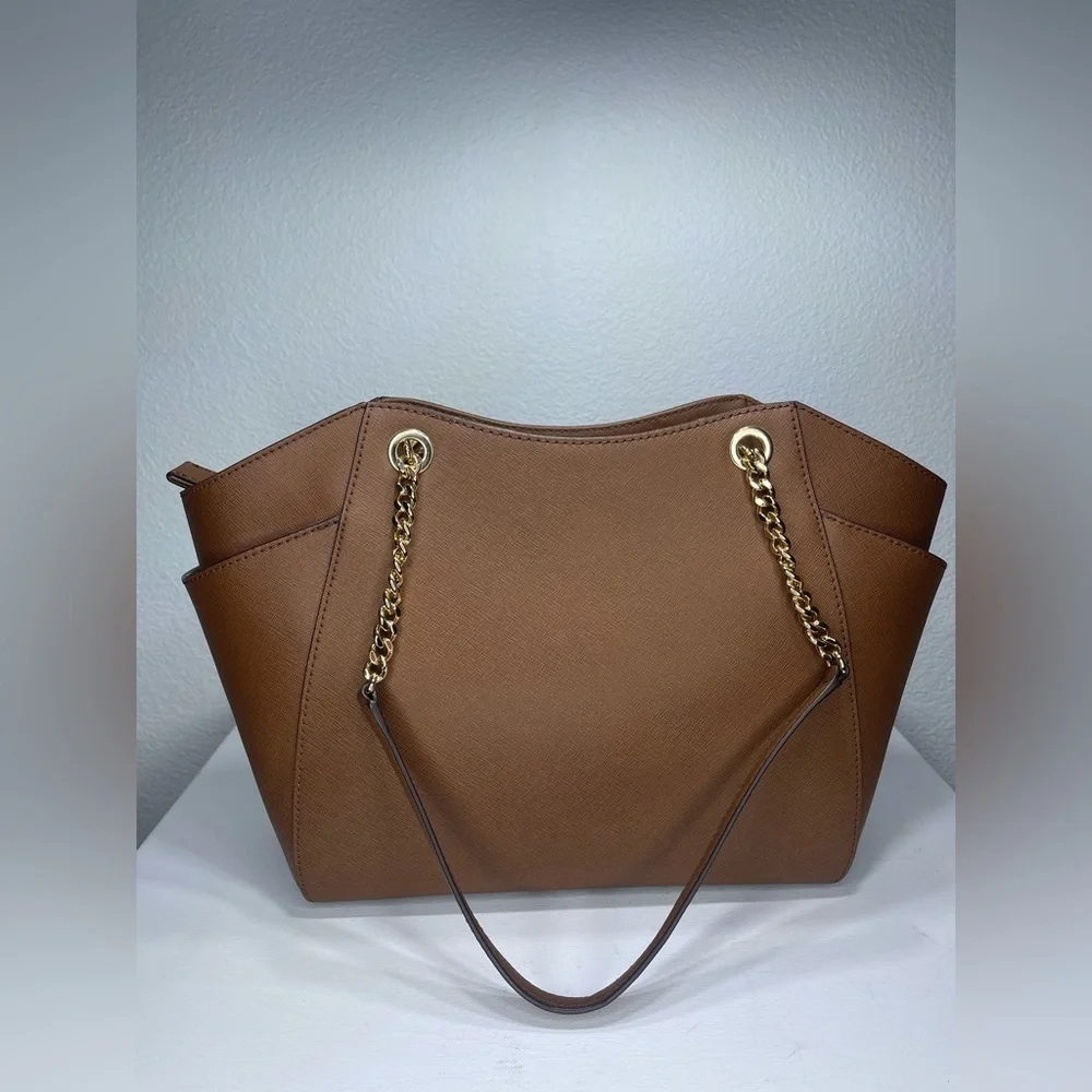 Michael Kors Brown Jet Set Travel Shoulder Gold Chain Leather Tote Bag